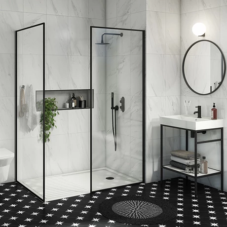 Arezzo 1400 x 900 Walk In Enclosure (incl. 800 Matt Black Framed Screen, Side Panel + White Tray) Arezzo 1400 X 900 Walk In Enclosure (incl. 800 Matt Black Framed Screen, Side Panel + White Tray) -Arezzo shop 89SQBWS14T p