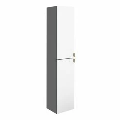 Arezzo Matt Grey Mirrored Wall Hung Tall Storage Cabinet With Brushed Brass Handles