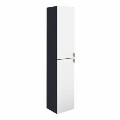 Arezzo Matt Blue Mirrored Wall Hung Tall Storage Cabinet With Brushed Brass Handles