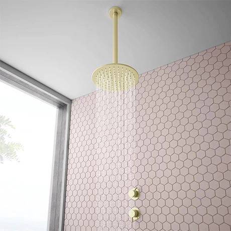 Arezzo Brushed Brass Concealed Individual Stop Tap + Thermostatic Control Valve with Ceiling Mounted Shower Head Arezzo Brushed Brass Concealed Individual Stop Tap + Thermostatic Control Valve With Ceiling Mounted Shower Head -Arezzo shop ARZB ISV PK1 n p