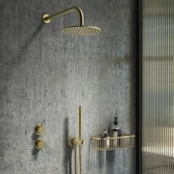 Arezzo Brushed Brass Concealed Individual Diverter + Thermostatic Control Valve With Handset + Wall Mounted Shower Head