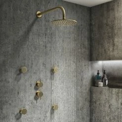 Arezzo Brushed Brass Concealed Individual Diverter + Thermostatic Control Valve W. 4 Body Jets + Fixed Head