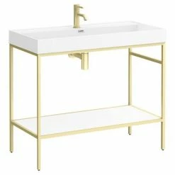 Arezzo 1000 Brushed Brass Framed Washstand With Gloss White Open Shelf And Basin 4 Arezzo 1000 Brushed Brass Framed Washstand With Gloss White Open Shelf And Basin -Arezzo shop AZ10BBFPM d3 460