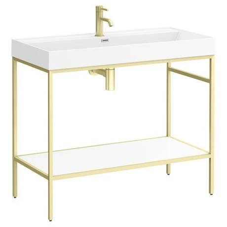 Arezzo 1000 Brushed Brass Framed Washstand with Gloss White Open Shelf and Basin Arezzo 1000 Brushed Brass Framed Washstand With Gloss White Open Shelf And Basin -Arezzo shop AZ10BBFPM d3 460