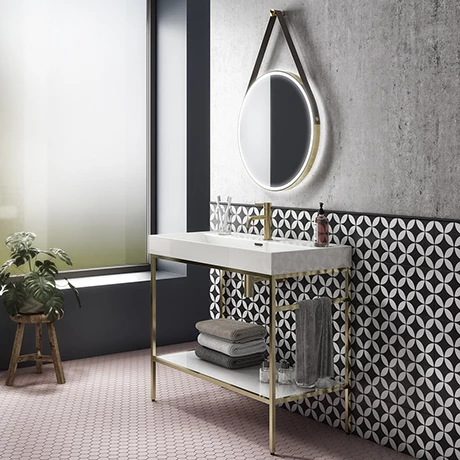 Arezzo 1000 Brushed Brass Framed Washstand with Gloss White Open Shelf and Basin Arezzo 1000 Brushed Brass Framed Washstand With Gloss White Open Shelf And Basin -Arezzo shop AZ10BBFPM n p