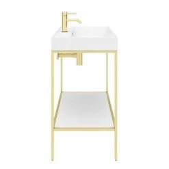 Arezzo 1000 Brushed Brass Framed Washstand With Gloss White Open Shelf And Basin 6 Arezzo 1000 Brushed Brass Framed Washstand With Gloss White Open Shelf And Basin -Arezzo shop AZ10BBFPM d4 460