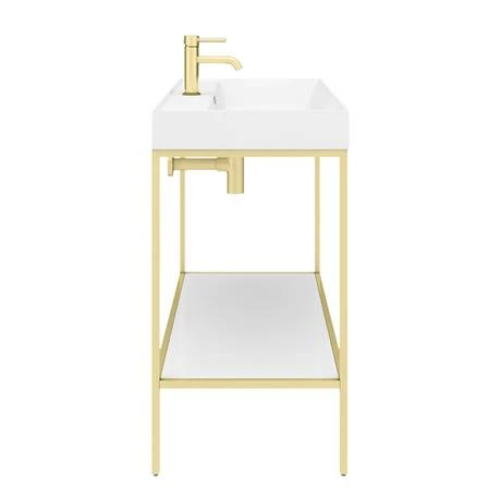 Arezzo 1000 Brushed Brass Framed Washstand with Gloss White Open Shelf and Basin Arezzo 1000 Brushed Brass Framed Washstand With Gloss White Open Shelf And Basin -Arezzo shop AZ10BBFPM d4 460