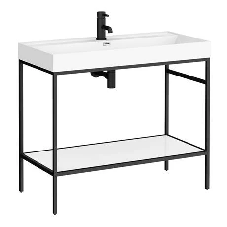 Arezzo 1000 Matt Black Framed Washstand with Gloss White Open Shelf and Basin Arezzo 1000 Matt Black Framed Washstand With Gloss White Open Shelf And Basin -Arezzo shop AZ10BFPM n d1 460