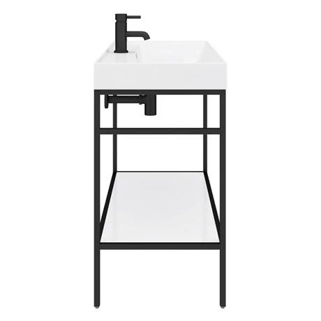 Arezzo 1000 Matt Black Framed Washstand with Gloss White Open Shelf and Basin Arezzo 1000 Matt Black Framed Washstand With Gloss White Open Shelf And Basin -Arezzo shop AZ10BFPM n detail3 460