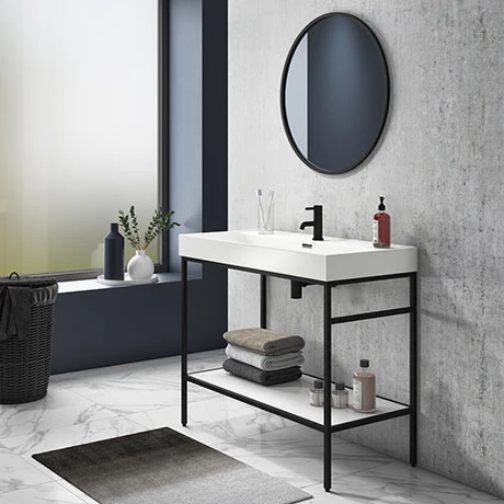 Arezzo 1000 Matt Black Framed Washstand with Gloss White Open Shelf and Basin Arezzo 1000 Matt Black Framed Washstand With Gloss White Open Shelf And Basin -Arezzo shop AZ10BFPM np