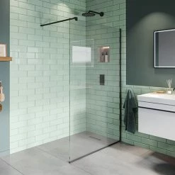 Arezzo Square Matt Black Frameless 10mm Wetroom Screen With Wall Arm