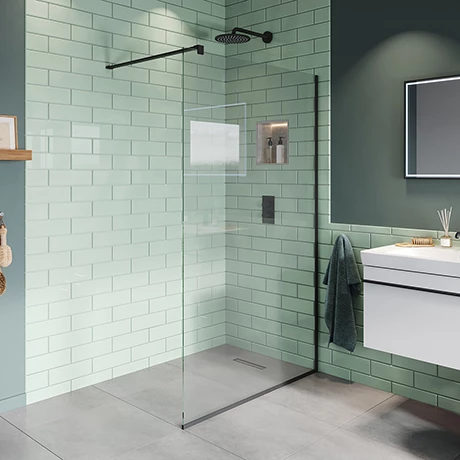 Arezzo Square Matt Black Frameless 10mm Wetroom Screen with Wall Arm Arezzo Square Matt Black Frameless 10mm Wetroom Screen With Wall Arm -Arezzo shop AZ10MBWA7 P