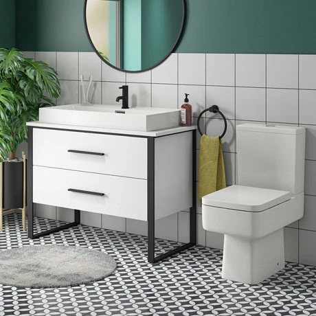 Arezzo 1000 Gloss White Matt Black Framed Vanity Unit + Square Toilet Arezzo 1000 Gloss White Matt Black Framed Vanity Unit + Square Toilet -Arezzo shop AZ10WB2D WC p