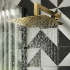 Arezzo Brushed Brass 300 X 300mm Ultra-Thin Square Shower Head + 90 Degree Bend Arm