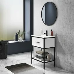 Arezzo 600 Matt Black Framed Vanity Unit With Ceramic Basin And Open Shelf