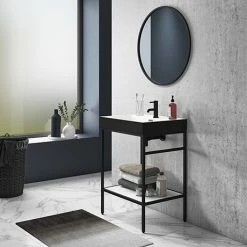 Arezzo 600 Matt Black Framed Washstand With Gloss White Open Shelf And Matt Black Basin