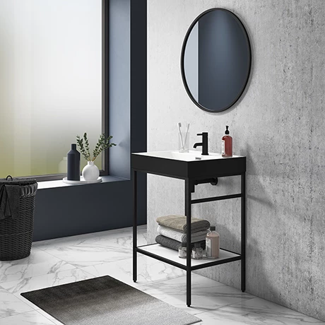 Arezzo 600 Matt Black Framed Washstand with Gloss White Open Shelf and Matt Black Basin Arezzo 600 Matt Black Framed Washstand With Gloss White Open Shelf And Matt Black Basin -Arezzo shop AZ6BFPM BLK prod