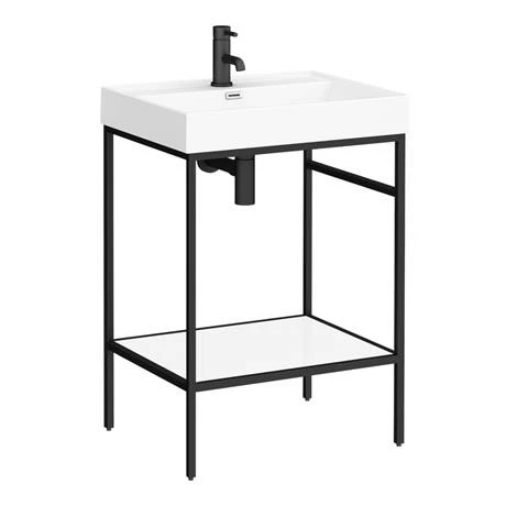 Arezzo 600 Matt Black Framed Washstand with Gloss White Open Shelf and Basin Arezzo 600 Matt Black Framed Washstand With Gloss White Open Shelf And Basin -Arezzo shop AZ6BFPM nw d1 460