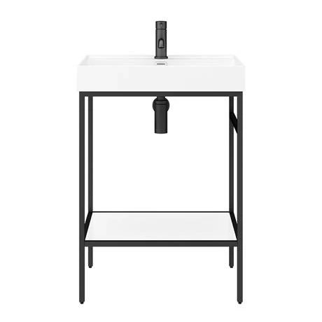 Arezzo 600 Matt Black Framed Washstand with Gloss White Open Shelf and Basin Arezzo 600 Matt Black Framed Washstand With Gloss White Open Shelf And Basin -Arezzo shop AZ6BFPM N DT3 460