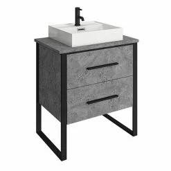 Arezzo Countertop Basin Unit - Concrete-Effect With Black Frame - 600mm Inc. Basin