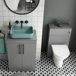 Arezzo 600 Grey Floor Standing Unit With Green Rectangular Counter Top Basin + Toilet Pack