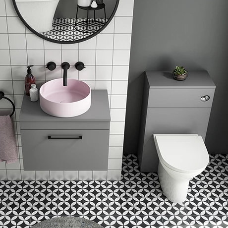Arezzo 600 Grey Wall Hung Unit with Pink Round Counter Top Basin + Toilet Pack Arezzo 600 Grey Wall Hung Unit With Pink Round Counter Top Basin + Toilet Pack -Arezzo shop AZ6GPKCTP3 p