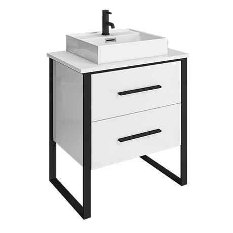 Arezzo 600 Gloss White Matt Black Framed 2 Drawer Vanity Unit with Countertop Basin Arezzo 600 Gloss White Matt Black Framed 2 Drawer Vanity Unit With Countertop Basin -Arezzo shop AZ6WB2D p