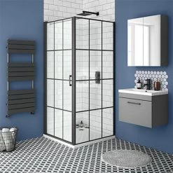 Arezzo 700 X 700 Matt Black Grid Frameless Pivot Door Shower Enclosure + Tray