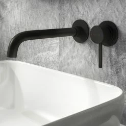 Arezzo Fluted Round Matt Black Wall Mounted (2TH) Basin Mixer Tap