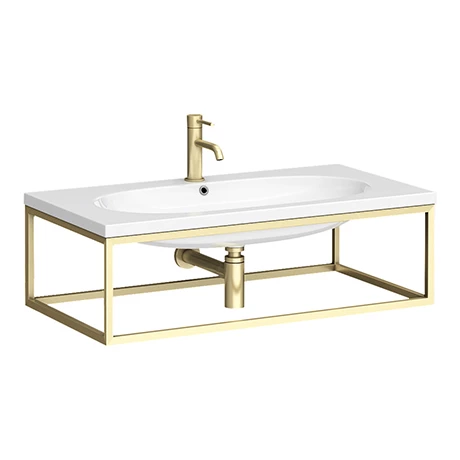 Arezzo 900 Wall Hung Basin with Brushed Brass Towel Rail Frame Arezzo 900 Wall Hung Basin With Brushed Brass Towel Rail Frame -Arezzo shop AZ9BBFRM n p