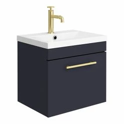 Arezzo Wall Hung Vanity Unit - Matt Blue - 500mm With Industrial Style Brushed Brass Handle