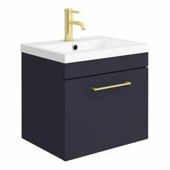 Arezzo 500 Matt Blue Wall Hung 1-Drawer Vanity Unit With Brushed Brass Handle