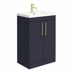 Arezzo 600 Matt Blue Floor Standing Vanity Unit With Brushed Brass Handles