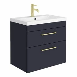 Arezzo 600 Matt Blue Wall Hung 2-Drawers Vanity Unit With Brushed Brass Handles