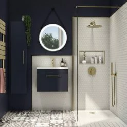 Arezzo Wall Hung Vanity Unit - Matt Blue - 600mm With Industrial Style Brushed Brass Handle -Arezzo shop AZB6WHVBBIS d4 460