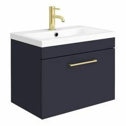 Arezzo 600 Matt Blue Wall Hung 1-Drawer Vanity Unit With Brushed Brass Handle