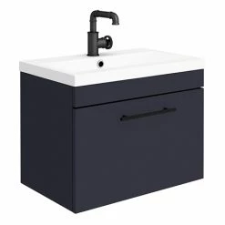 Arezzo Wall Hung Vanity Unit - Matt Blue - 600mm With Industrial Style Black Handle