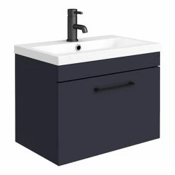 Arezzo 600 Matt Blue Wall Hung 1-Drawer Vanity Unit With Matt Black Handle