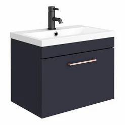 Arezzo 600 Matt Blue Wall Hung 1-Drawer Vanity Unit With Rose Gold Handle