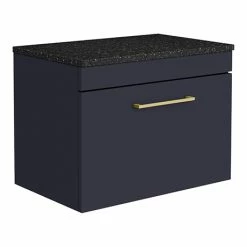 Arezzo Wall Hung Countertop Vanity Unit - Matt Blue - 600mm With Black Worktop & Brushed Brass Handle