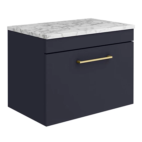 Arezzo Wall Hung Countertop Vanity Unit - Matt Blue - 600mm w. Matt White Marble Worktop & Brass Handle Arezzo Wall Hung Countertop Vanity Unit - Matt Blue - 600mm W. Matt White Marble Worktop & Brass Handle -Arezzo shop AZB6WHWBBM p