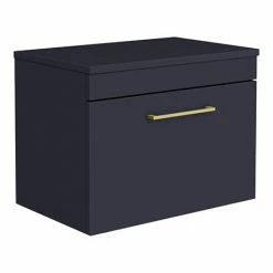 Arezzo Wall Hung Countertop Vanity Unit - Matt Blue - 600mm With Brushed Brass Handle