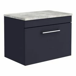 Arezzo Wall Hung Countertop Vanity Unit - Matt Blue - 600mm With Grey Worktop & Chrome Handle