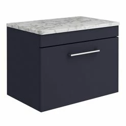 Arezzo Wall Hung Countertop Vanity Unit - Matt Blue - 600mm W. Matt White Marble Worktop & Chrome Handle