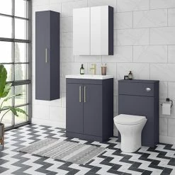 Arezzo Blue Floor Standing Vanity Unit, Tall Cabinet + Toilet Pack With Brass Handles