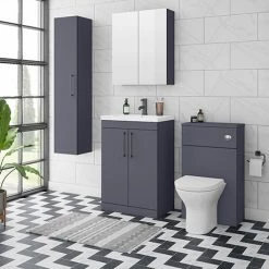 Arezzo Blue Floor Standing Vanity Unit, Tall Cabinet + Toilet Pack With Black Handles