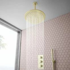 Arezzo Brushed Brass Round Thermostatic Shower Pack With 300mm Ceiling Mounted Head + Handset