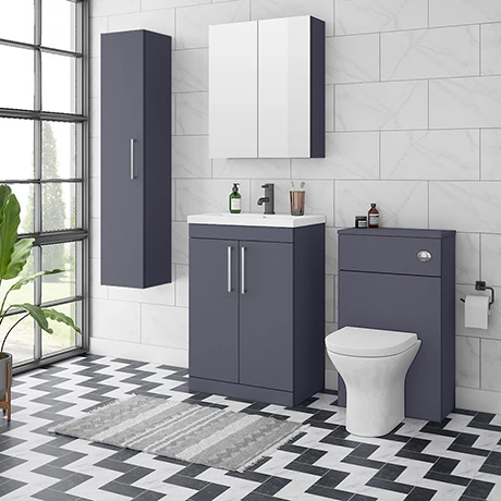 Arezzo Blue Floor Standing Vanity Unit, Tall Cabinet + Toilet Pack with Chrome Handles Arezzo Blue Floor Standing Vanity Unit, Tall Cabinet + Toilet Pack With Chrome Handles -Arezzo shop AZBCHFSP1 np