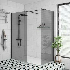 Arezzo Matt Black 1400 X 900 Grey Tinted Glass Wet Room (inc. Screen, Side Panel + Tray)
