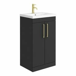 Arezzo 500 Matt Black Floor Standing Vanity Unit With Brushed Brass Handles
